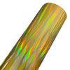 A close-up view of a roll of holographic chrome vinyl wrap featuring a rainbow iridescent finish.
