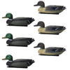 A set of six lifelike floating duck decoys with keels for hunting and photography.