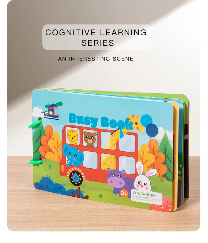 A colorful busy book for toddlers featuring various animals and learning activities.