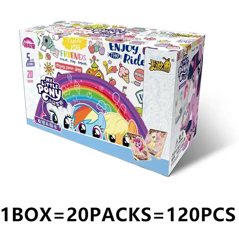 A box of My Little Pony Friendship Cards with themed pouches, packaged as 20 packs totaling 120 pieces.