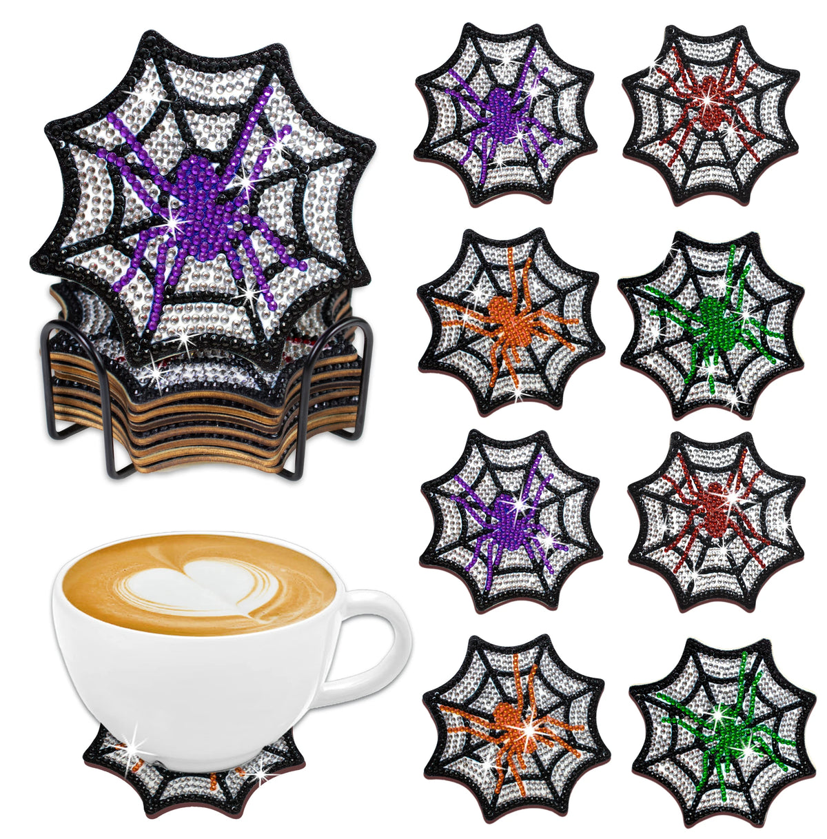 A set of DIY diamond art coasters featuring spider web designs in purple, orange, and green on a black holder.