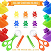 A set of color sorting bears with corresponding cups and tweezers for fine motor skills development.