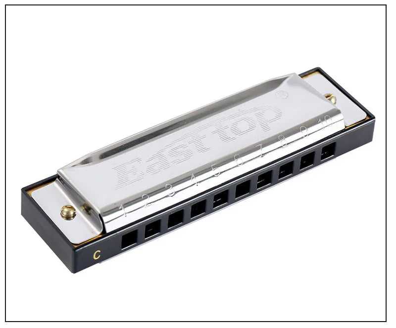 A silver harmonica with a black casing and stainless steel covers is shown in a profile view.