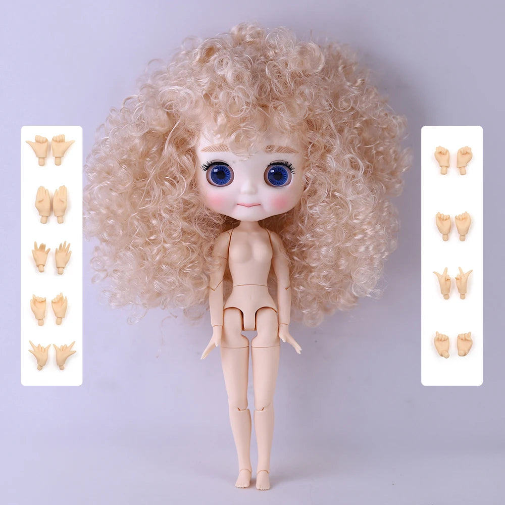 A light beige Blyth 1/6 scale fashion doll with curly blonde hair and blue eyes, shown with various hand parts.