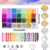 A collection of 690 pieces of round glass beads in 23 colors arranged in a grid and strung on a string for jewelry making.