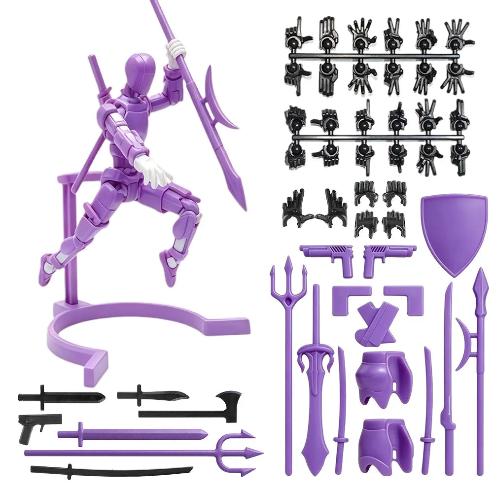 A purple magnetic multi-jointed action figure building set with various parts and a display stand.