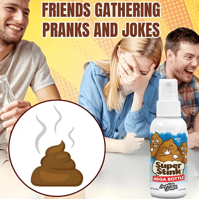 A bottle of Super Stink Mega Bottle prank fart spray next to people laughing and reacting.