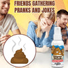 A bottle of Super Stink Mega Bottle prank fart spray next to people laughing and reacting.