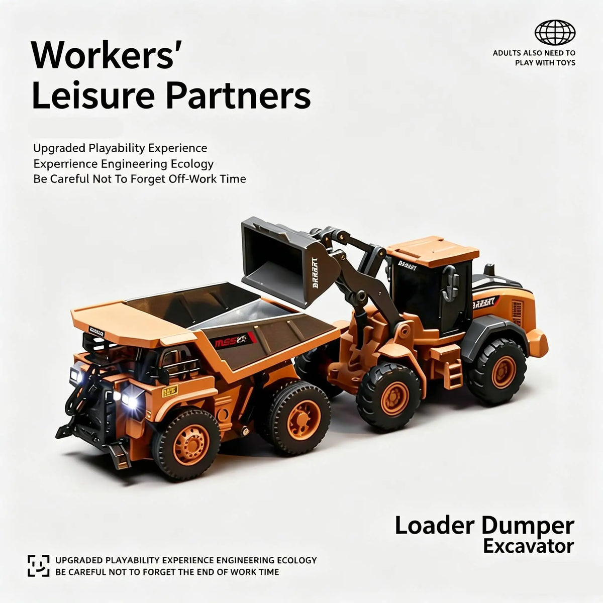 A set of mini remote controlled construction vehicles including a bulldozer, forklift, and excavator in orange and black.