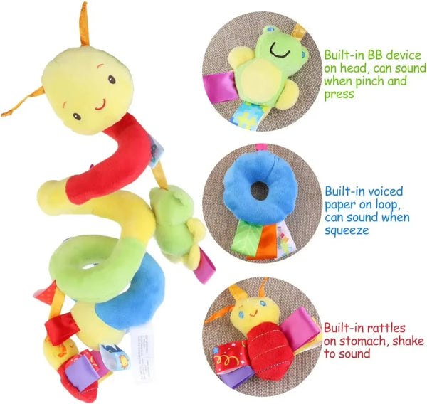A set of hanging musical rattles for a baby, featuring yellow and red toys designed to sound when pinched or squeezed.