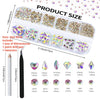 A clear plastic kit containing various sizes of rhinestones and glass gems along with a nail drill pen and tweezers.