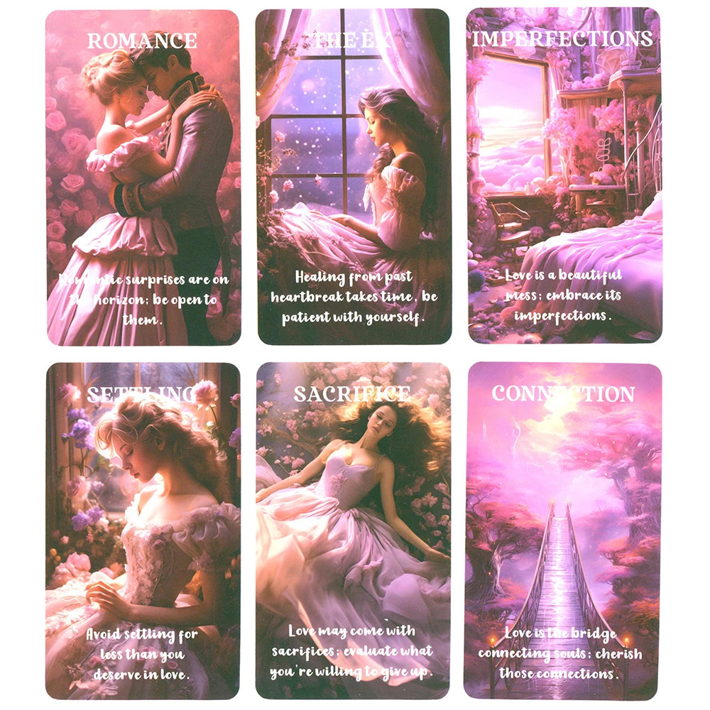 A set of six oracle cards featuring themes like romance, healing, imperfections, setting, sacrifice, and connection.