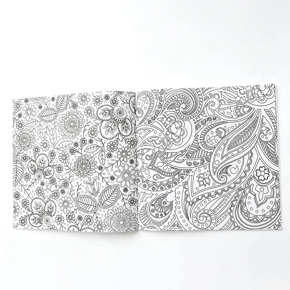An open 24-page mandala coloring book featuring intricate black and white floral patterns.