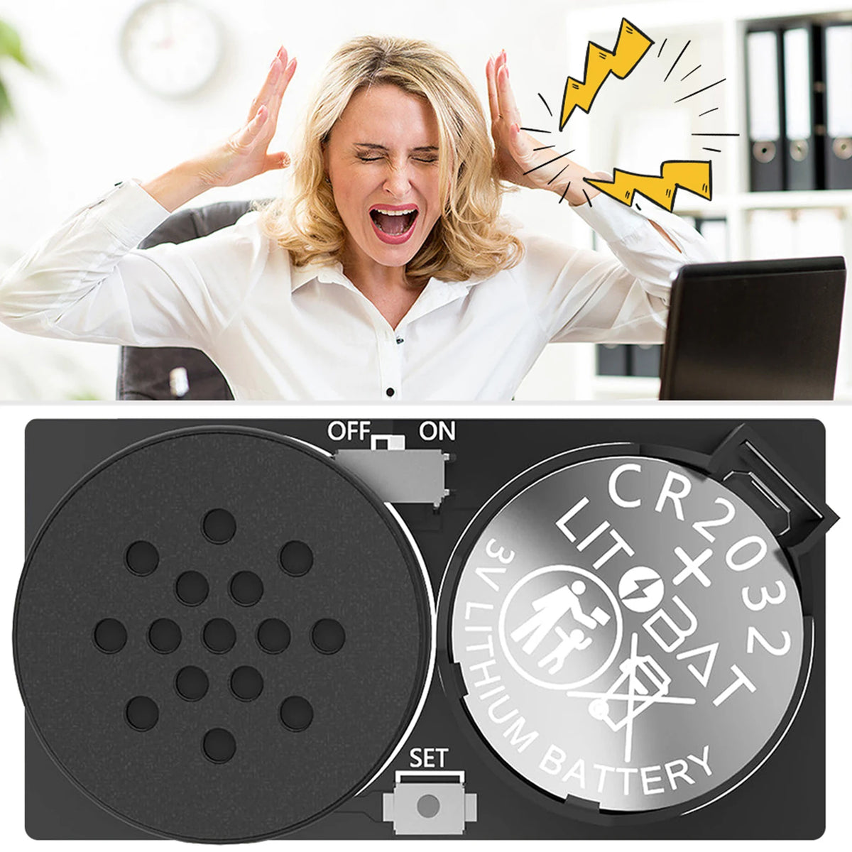 A woman is shown with her hands raised in surprise or distress while a device is displayed below.