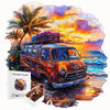 An artistic jigsaw puzzle depicting a vintage orange van parked near the ocean at sunset with palm trees.