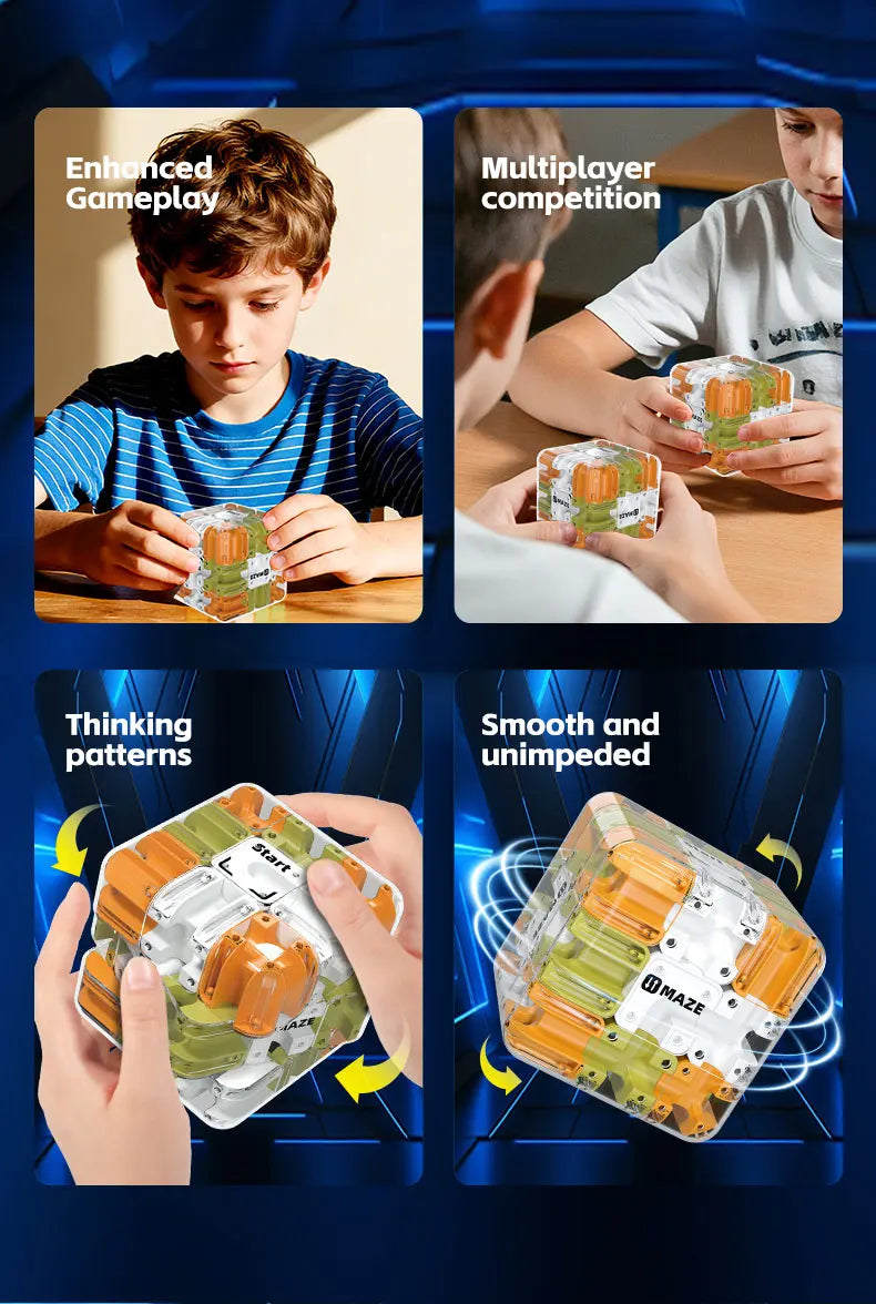 A collage showing various uses of a 3D maze fidget cube including gameplay, competition, and thinking patterns.