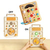 A wooden interactive circuit busy board is shown with both the OFF and ON settings, demonstrating its lights and switches.