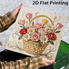 A hand holds a piece of 2D flat printed art featuring a detailed pink and white floral design.