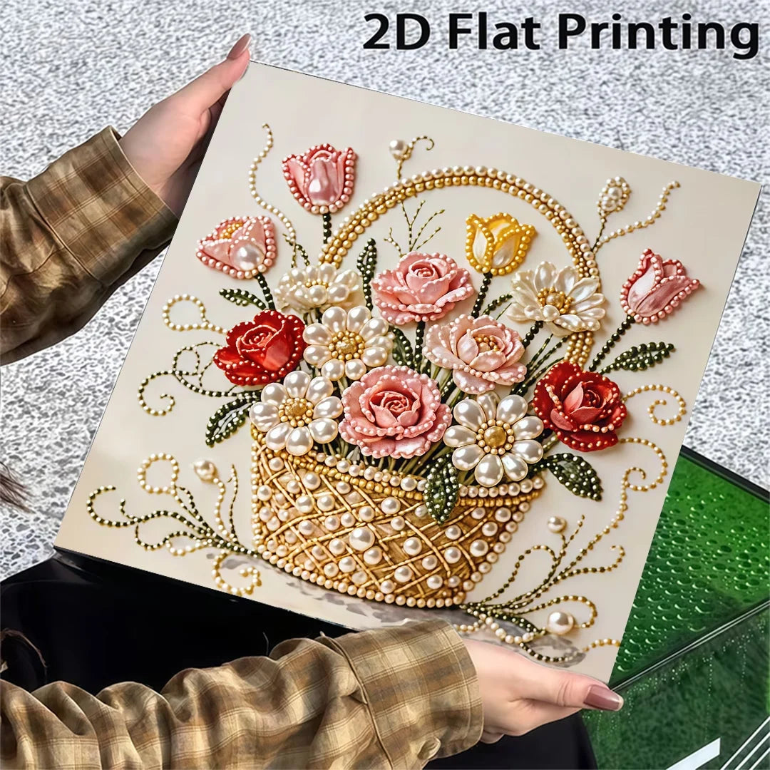 A hand holds a piece of 2D flat printed art featuring a detailed pink and white floral design.
