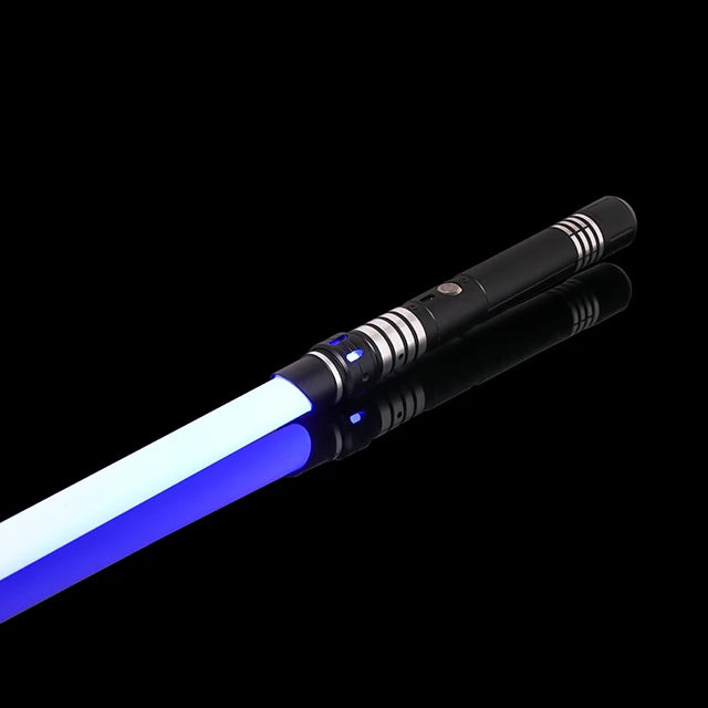Black lightsaber with a glowing blue blade and metallic accents against a black background