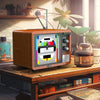 A retro radio building block set sits on a wooden shelf next to a potted plant and other items.