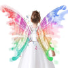 A child wearing a white dress with glowing fairy wings, featuring iridescent pink, green, and blue light effects.