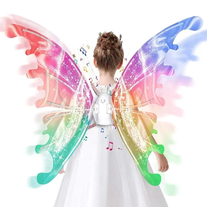A child wearing a white dress with glowing fairy wings, featuring iridescent pink, green, and blue light effects.