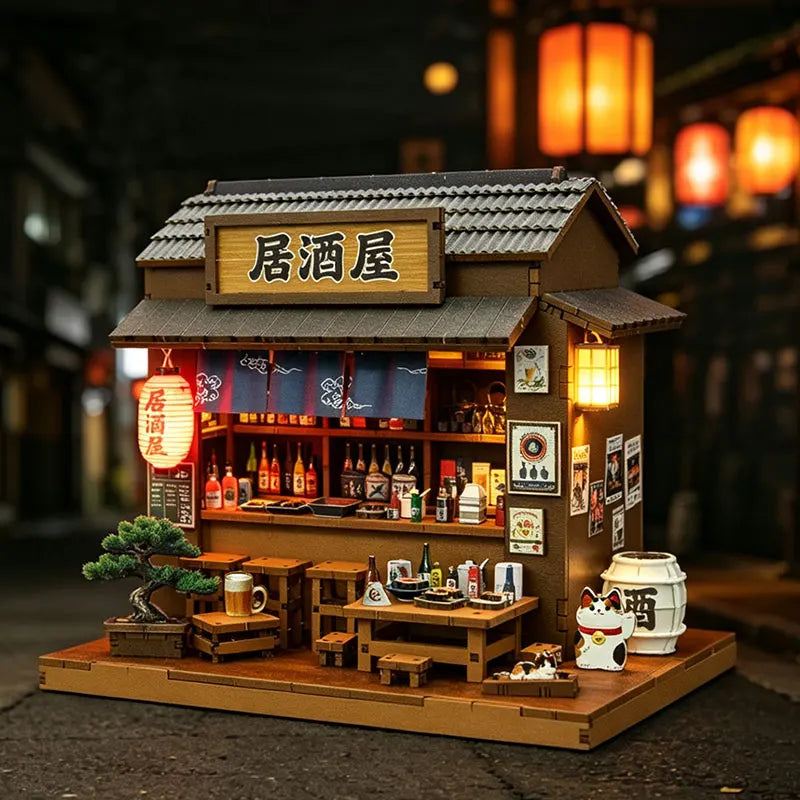 A detailed wooden miniature dollhouse kit of a Japanese restaurant storefront with an illuminated display.