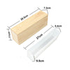 A silicone rectangle soap mold is shown next to its wooden box and lid, with dimensions provided.