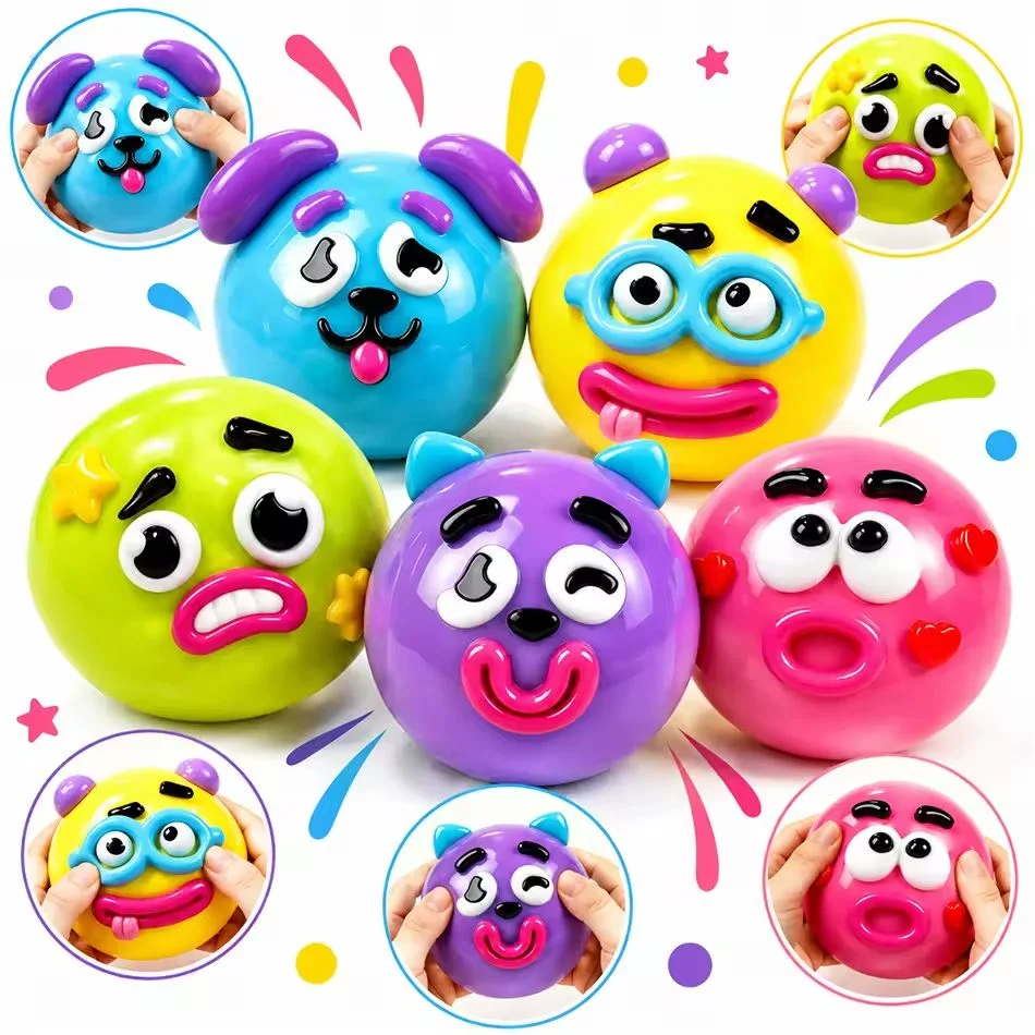A collection of colorful dog face swap squishy toys in various colors and expressions.