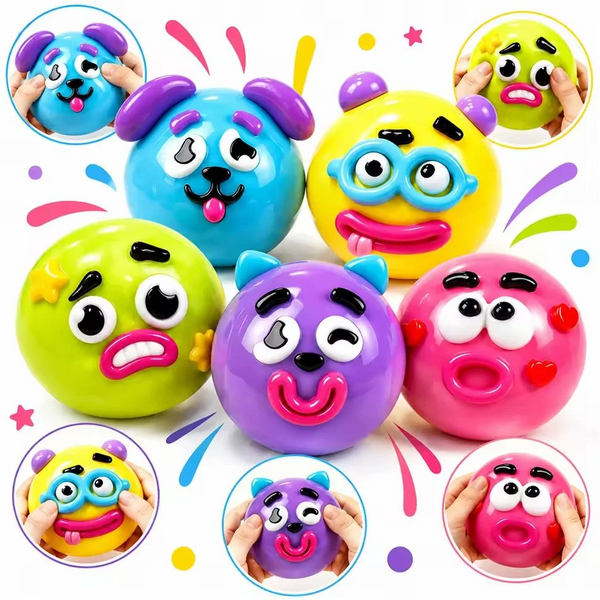 A collection of colorful dog face swap squishy toys in various colors and expressions.