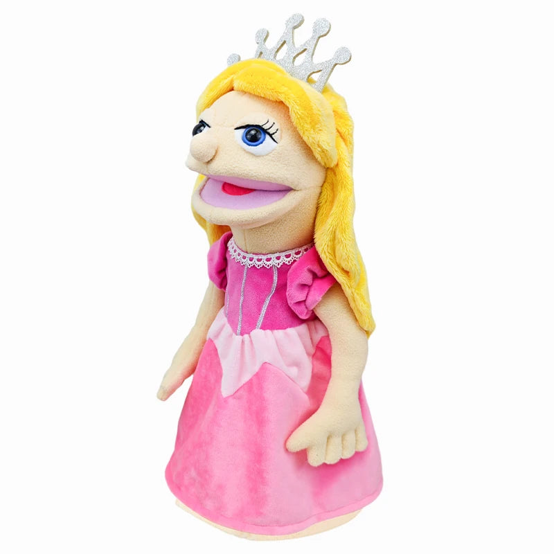 A blonde plush hand puppet with a crown and pink dress.