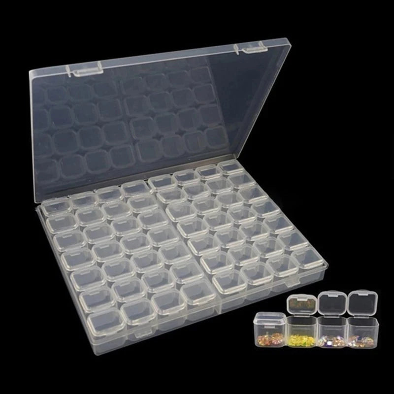 A clear plastic storage box with a lid is shown open, revealing multiple small compartments for craft supplies.
