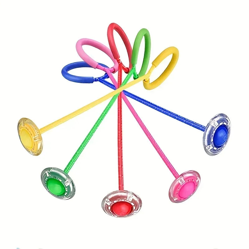 A set of colorful glowing skip balls with various colored strings and handles for kids' active play.