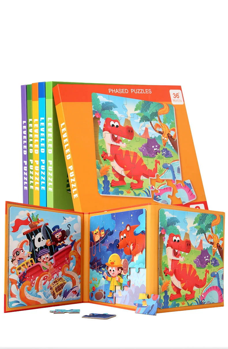 An open box of phased puzzles featuring dinosaur, vehicle, and ocean themes for kids.