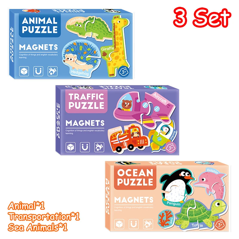 A set of three magnetic animal puzzles featuring giraffe, hedgehog, and a traffic puzzle with various vehicles.