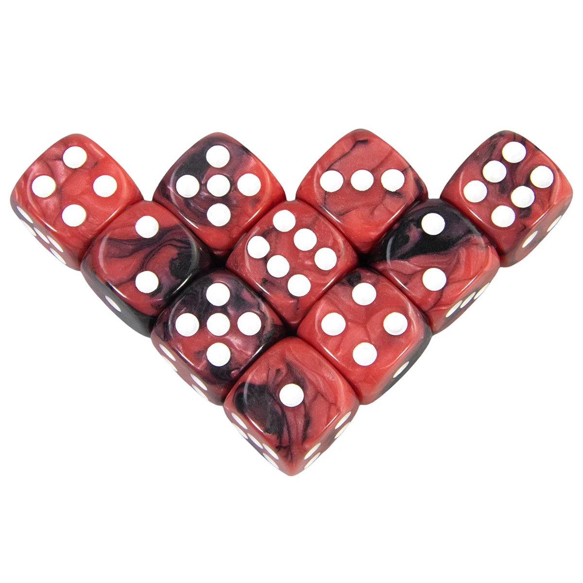 A set of ten red and black marbled acrylic dice, shaped like D6s, arranged in a cluster.