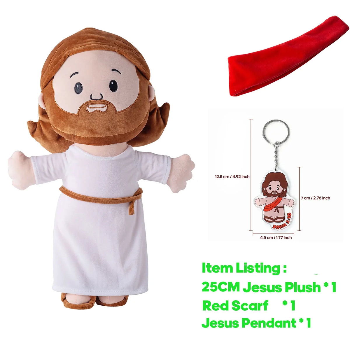 A plush cartoon Jesus figure with a beard and brown hair, accompanied by a red scarf and a Jesus pendant.