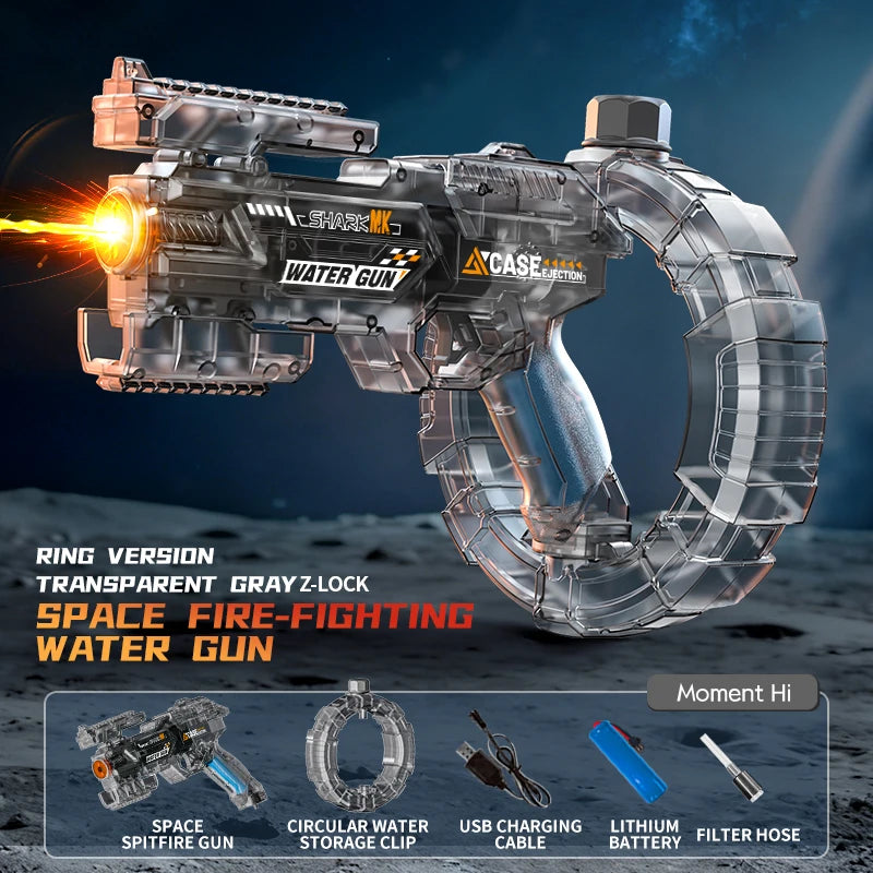 A transparent gray Z-lock ring version of a space fire-fighting water gun is shown against a dark background.