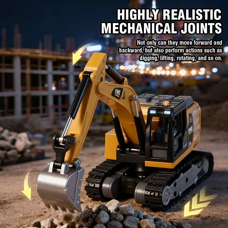 A highly realistic mechanical joints mini RC excavator in yellow and black on a dirt surface.