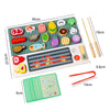A wooden BBQ playset featuring a grill and various food items for a pretend play game.