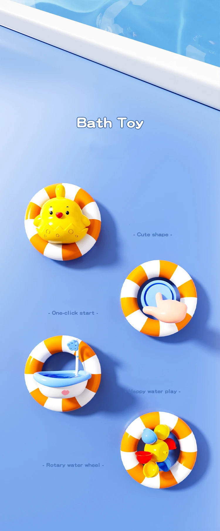 A colorful bath toy featuring a yellow frog shape and an orange ring with various water play features.