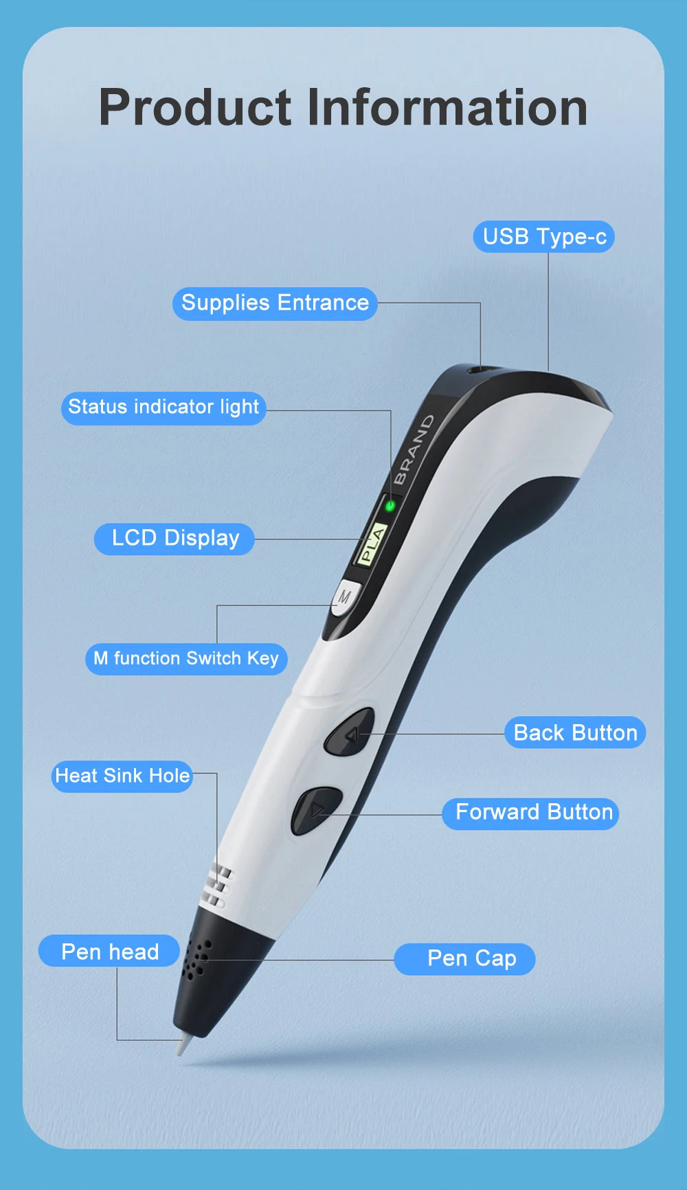 3D Printing Pen with LCD Display and PLA Filament for Kids