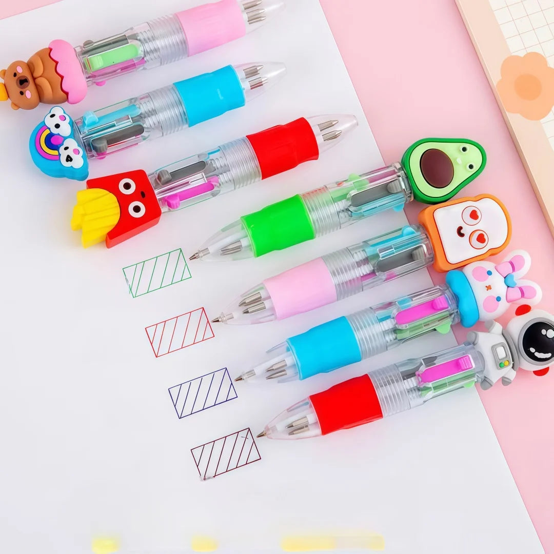 A collection of cute cartoon four-color ballpoint pens in various bright colors and designs.