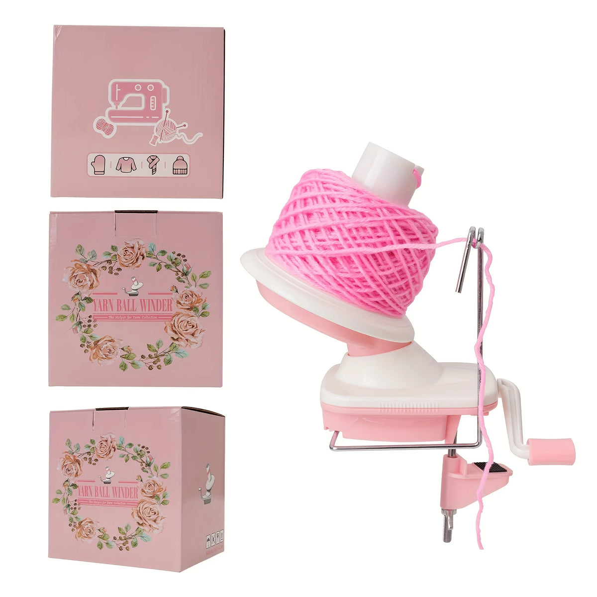 Pink hand crank yarn winder device with a pink yarn ball and accessories.
