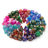 A collection of seven polyhedral acrylic dice in various colors and shapes arranged in a circle.