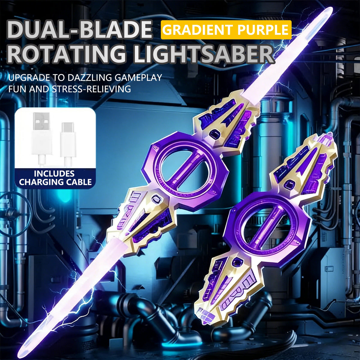 Épée laser à double lame violet dégradé en rotation avec poignée dorée et lame LED sur fond futuriste sombre