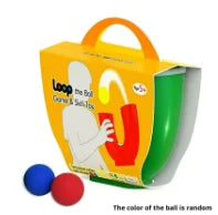 A yellow box for a Loop the Ball game and skill toy with a green U-shaped ball.