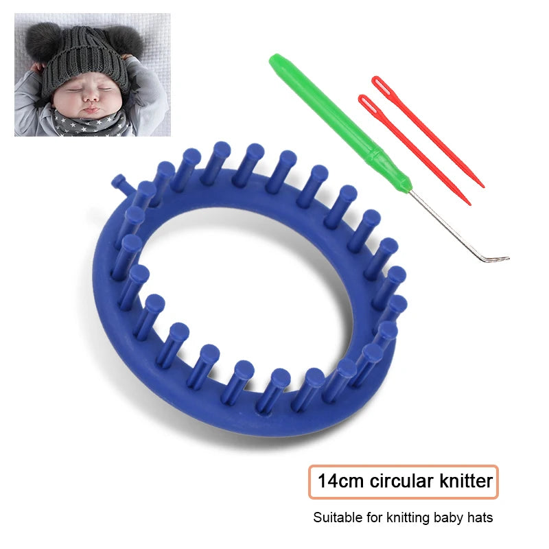 Blue circular knitting loom with green crochet hook and a knitted baby hat