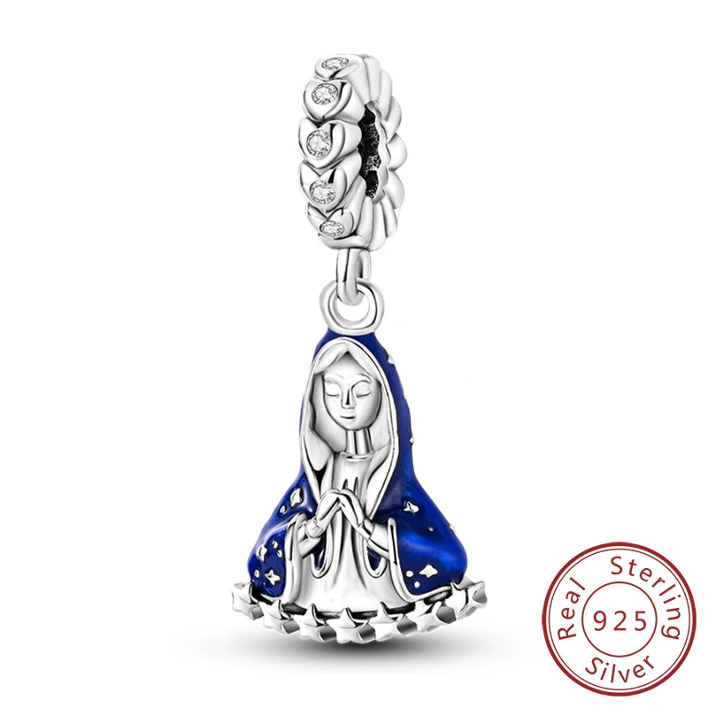 Sterling silver charm beads set featuring cross, angel, and evil eye designs for DIY jewelry making